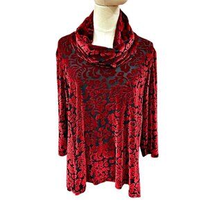 Velvet Burnout Red Black Top Tunic Size PM Cowl Neck Romantic Dark Cottagecore